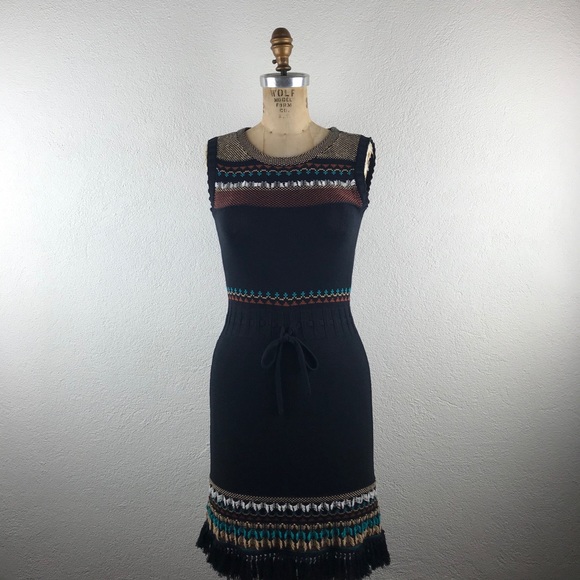 Nanette Lepore Dresses & Skirts - Nanette Lepore l XS Retro Fair Isle Nordic Stretch Knit Fringe Hem Sweater Dress